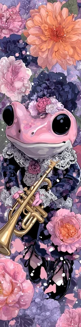 Free kawaii frog bookmark featuring pink kawaii frog with trumpet